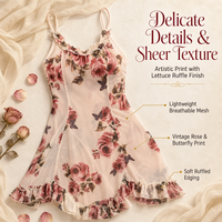Robe de Nuit en Maille Florale Éthérée Style Vintage Français pour Femme, Transparente, Imprimé Rose, à Volants, en Polyester, Vente en Gros, Personnalisable