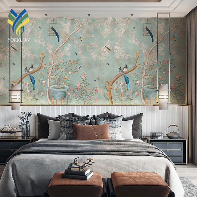 Custom Printing Home Decoration Ceiling Wall Paper Chinoiserie Embroidery Hand Painted 3D Mural Wallpaper Rolls for Walls