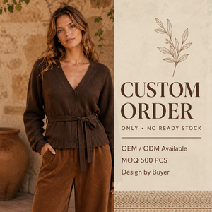 <span class=keywords><strong>Cardigan</strong></span> Elegante da Donna in Maglia <span class=keywords><strong>Marrone</strong></span> Scuro con Scollo a V e Laccio Frontale, Manica Lunga, Personalizzabile OEM ODM - Product Image 2