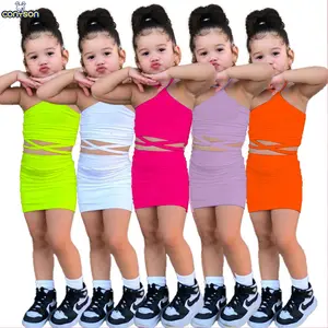 Conyson 신상품 핫 세일 소녀 여름 의류 세트 단색 홀터 민소매 스커트 2 개 세트 어린이 향신료 소녀 복장