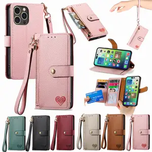 Factory Wholesale High Quality Leather Wallet Case Heart Pattern Zipper Case For Iphone 15 14 13 12 11 Case