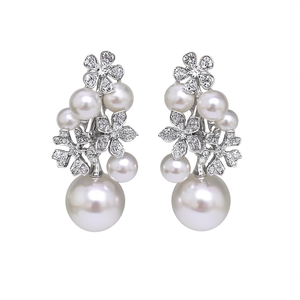 Boucles d'oreilles en perles Akoya blanches champagne, clous en argent 925, design floral, plaqué rhodium, qualité AAA, bijoux de mariage, classiques pour femmes - Product Image 1