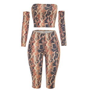 Viviblook D26ST206 Women <b>Set</b> <b>Sexy</b> Sleeveless New Snake Print Strapless Crop Top Skinny Cropped Pants <b>Set</b> With Sleeves - Product Image 5