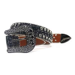 Cintura da uomo Western in pelle PU nera scintillante con strass, larghezza 3,8 cm, con fibbia a teschio, stile Hip Hop Punk, design <span class=keywords><strong>Baita</strong></span>, produzione di fabbrica - Product Image 3