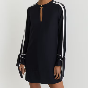 Abito da donna elegante <span class=keywords><strong>nero</strong></span> a maniche lunghe <span class=keywords><strong>con</strong></span> bordo a contrasto, scollo a goccia e polsini <span class=keywords><strong>con</strong></span> laccetti, casual per feste - Product Image 1