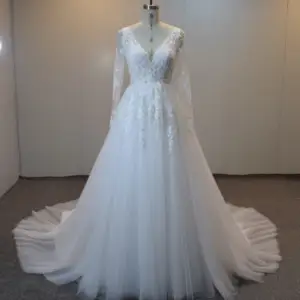 فستان زفاف للنساء, فستان زفاف بظهر مكشوف وأكمام طويلة وتصميم A مناسب للزفاف