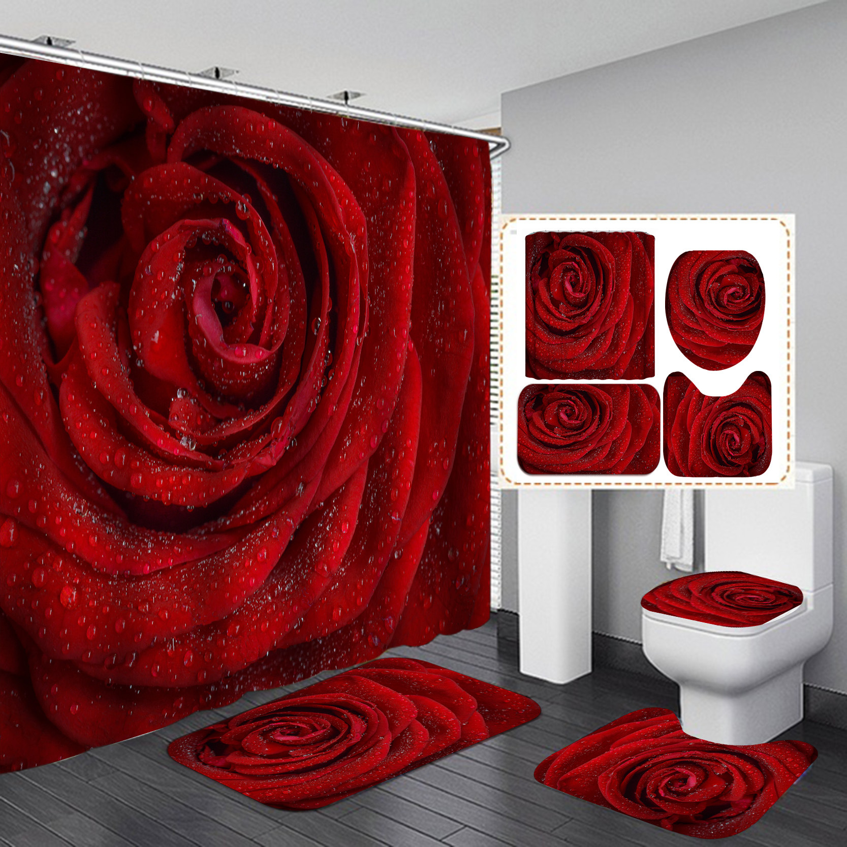3d Digital Printing Shower Curtain Romantic Valentine's Day Digital Printing Bathroom Shower Curtain Set with Rug Sets