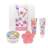 Coffret Cadeau OEM Floral 4-en-1 : Gel Douche Liquide, Crème Hydratante Mains, Sel de Bain et Savon Mains en Forme de Fleur
