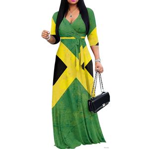 Stile semplice stile Jamaica Flag Jamaican stampa Maxi <span class=keywords><strong>abito</strong></span> da <span class=keywords><strong>donna</strong></span> con scollo a V Casual stile stile stile stile stile 3/4 - Product Image 3