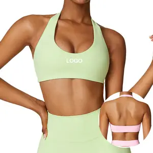 Custom Sports Bra Backless Removable Women Athletic Bralettes Padded Yoga Halter Bra Underwear Strappy Gym Crop Top Tank Sexy