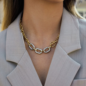 Stainless Steel Color Blocked Chain <b>Necklace</b> Geometric Design OT Clasp For Women Gift Jewelry - Product Image 3