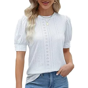 Women's Summer Hollow-out Blouse Sexy Casual Round Neck Top for Ladies