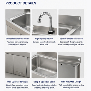 Évier à main en acier inoxydable à commande au genou, lavabo mural mains libres pour usage commercial en cuisine et restaurant, pour une hygiène optimale - Product Image 5