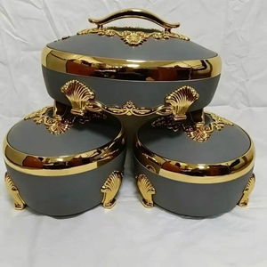 Ensemble de casseroles isothermes à double paroi 3 pièces, chauffe-plats 4L 5L 6L, motif tressé en <span class=keywords><strong>osier</strong></span>, bordure dorée, pour hôtels et restaurants B2B - Product Image 5