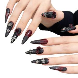 <span class=keywords><strong>Uñas</strong></span> Postizas de Lujo <span class=keywords><strong>en</strong></span> Forma de Almendra, Material ABS, Adornos con Cuentas Negras Estilo Francés, Sexy, con Pegamento - Product Image 4