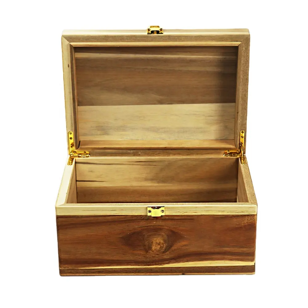 صندوق خشبي مصنوع يدويًا من خشب السنط مع غطاء مفصلي من FSC & BSCI لتخزين الوصفات أو كتذكار