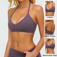 Soutien-gorge de sport sexy à col en V, dos nu, bretelles réglables, tissu brossé, coupe ajustée, léger et confortable pour la salle de sport
