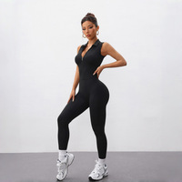 Combinaison sans manches à col en V pour femme avec fermeture éclair avant, respirante, en spandex/polyester, longueur intégrale, vêtements de sport pour la gym et le yoga