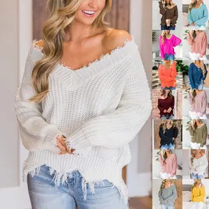 factory wholesale jumper tassel striped irregular casual knit pullover V neck off the shoulder sexy sweater women