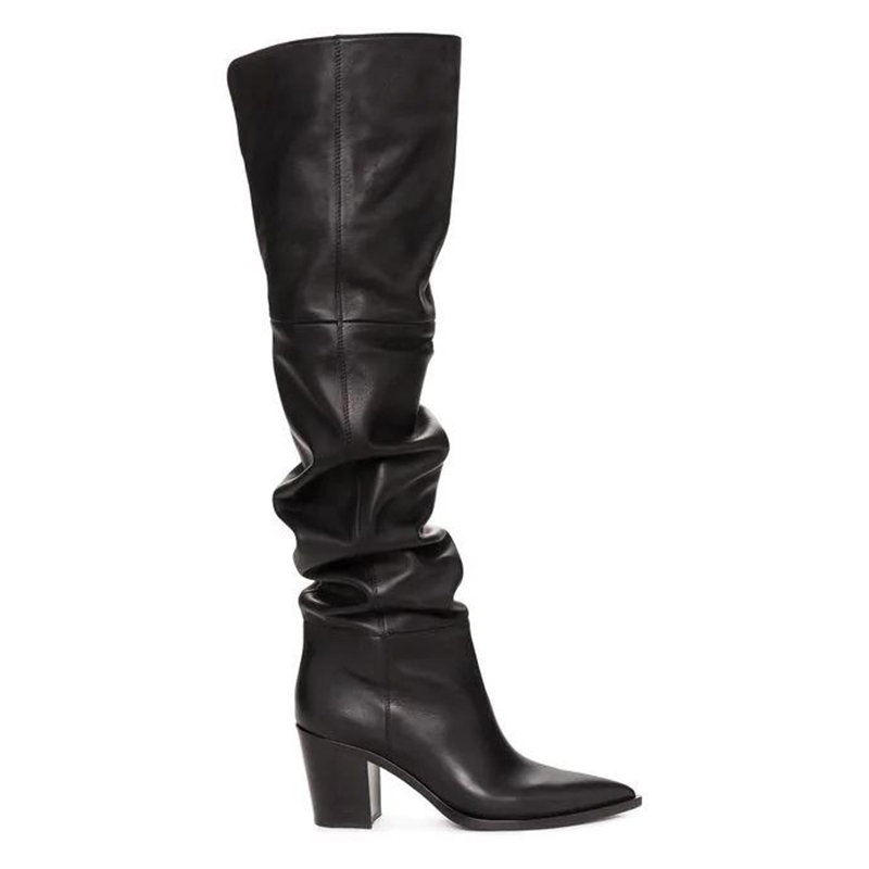 Сапоги женские зимние черные выше колена, на блочном каблуке, большие размеры до 45