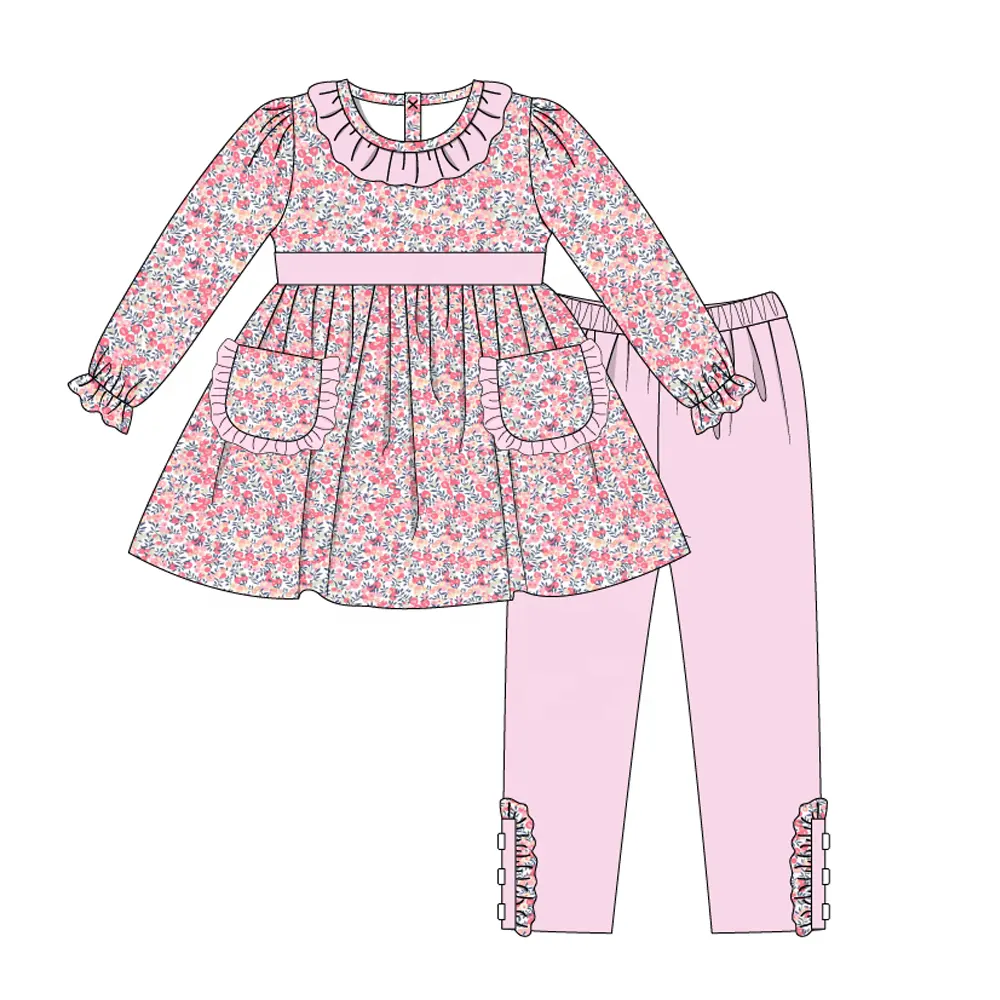 2022 new design custom cloth pink flower Girls Clothing Sets Autumn Casual all size cute baby Clothing