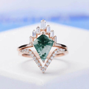 Women's <b>925</b> <b>Silver</b> Geometric Cocktail <b>Ring</b> With Natural Moss Agate And Baguette Diamond Pave Setting Luxury Engagement Style - Product Image 1