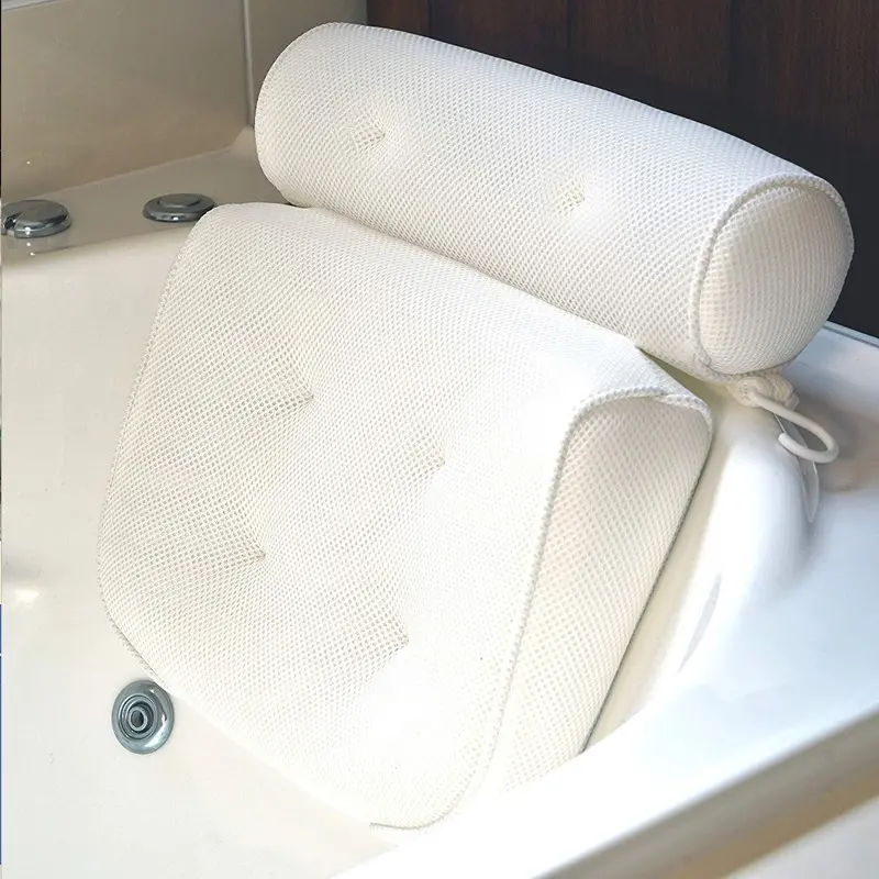 Amazon Hot Sale Bathroom Suction Cup White 3d Mesh Bath Pillow Spa Pillow Polyester Bathtub Pillow