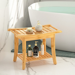 Solid Wood <b>Bathroom</b> <b>Stool</b> With Storage Shelf Non Slip For Bathtub Shower Room - Product Image 2