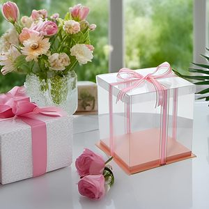Custom Logo 6/8/10/12/14 Inch Clear Plastic <b>Square</b> Tall Wedding Birthday Party Cake Box with Embossing UV Coating Folder Style - Product Image 4