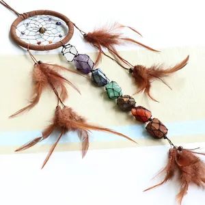 Low Price Handmade Chicken Feather Gemstone Dreamcatcher Wall Hanging 7 Chakra Dream Catcher Ring Ornaments Home Decor