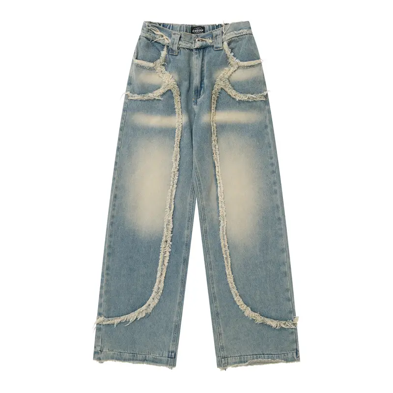 Personnalisé de haute qualité Vintage Wash Made vieux jean bord brut hommes et femmes ample droite large jambe Jeans
