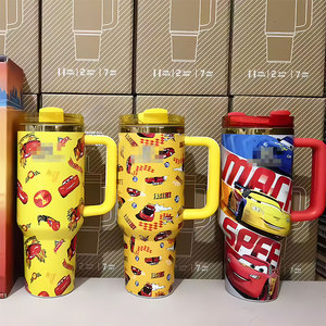 Custom Brand logo Cute Cartoon Car Print Stainless Steel 40oz Cup Straw Mugs Handle Tumbler Travel Water Bottle with Gift <b>Box</b> - Product Image 3