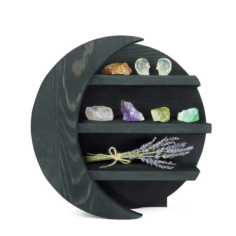 Заказной домашний Декор стены Черное Дерево Висячие плавающие полки деревянная полумесяц полка для кристаллов эфирные масла