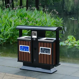 Cubo de basura reciclado público al aire libre MARTES S13002, cubo de basura clasificado de Metal con 2 compartimentos, cubo de basura