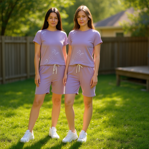 Ensemble de survêtement décontracté pour femme Lavender, manches courtes, col rond, couleur unie, short à cordon de serrage, polyester respirant, vêtements d'été - Product Image 2