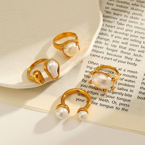 Anillos de Perlas Chapados en Oro, Perlas de Imitación con Engaste de Corona, Joyería para Mujer, Uso Diario YR52 55 - Product Image 3