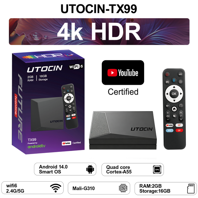 4K Android 14.0 TV Box Smart Streaming Media Player Utocin WF TX99 RK3539 2GB 16GB WiFi6 YouTube Certified TV Dongle BT 5.4
