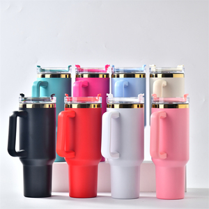 Vaso de viaje de 40 oz, reutilizable, recubierto de polvo, doble pared, acero inoxidable, aislado, 40 oz, taza de café, taza de <span class=keywords><strong>coche</strong></span> con asa, tapa de paja - Product Image 1