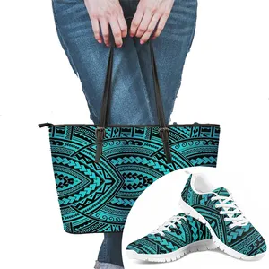 पोलेनीशियाई जनजातीय प्रिंट हैंडबैग के लिए महिलाओं लक्जरी चमड़े फैशन कंधे बैग शीर्ष संभाल झोला पर्स और जूता मिलान सेट