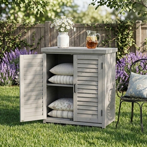 Banc de jardinage avec armoire de rangement et plateau en métal pour terrasse extérieure, mobilier de jardin, poste de travail en bois gris 31,5x17x36'' - Product Image 5
