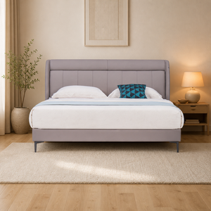 Lit capitonné moderne à dossier sculpté avec tête de lit incurvée, cadre plateforme en tissu rembourré, pieds en métal, taille King, pour chambre principale - Product Image 3