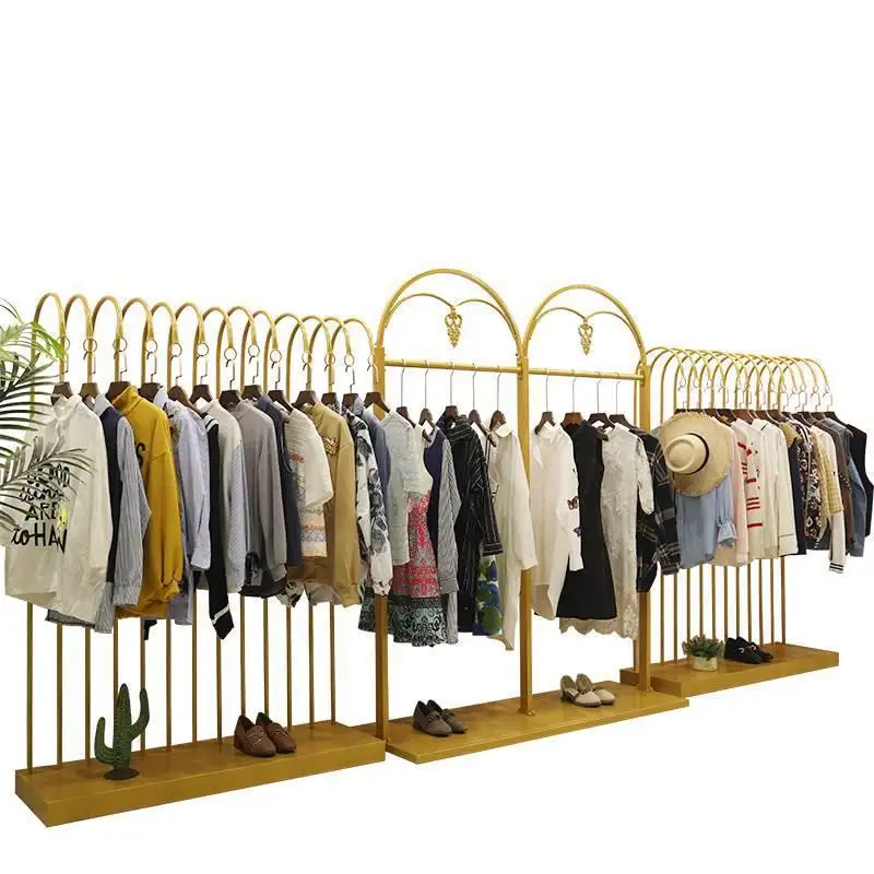 Luxury golden single double row clothing racks shopping children men's women's clothes metal display stands & shoe racks