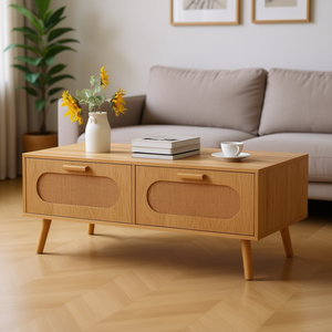 Mesa de Centro de Ratán de Estilo Moderno de Mediados de Siglo con 2 Cajones de Almacenamiento, Muebles para Sala de Estar - Product Image 2