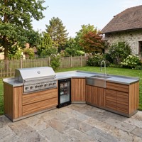 Armoires en L sur mesure Hyrley antirouille avec cuisine extérieure en acier inoxydable, barbecue à gaz, évier et réfrigérateur pour jardin