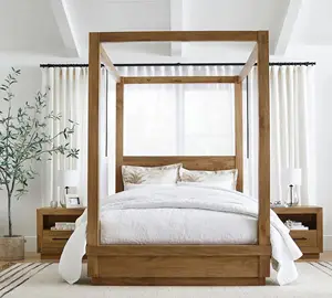 Dormitorio de estilo francés Plataforma de madera antigua clásica Marco de cama con dosel King de cuatro postes