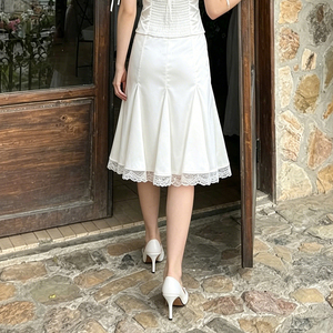 French Elegant Lace <b>Patchwork</b> Waist Defining Satin Moonlight White Mermaid Midi <b>Skirt</b> for Women - Product Image 4