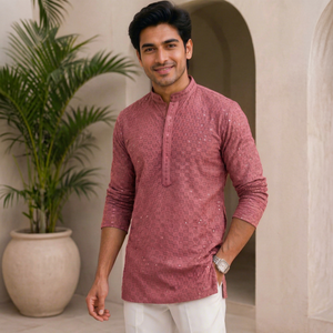 Men's Rayon <b>Chikankari</b> Embroidered Short Kurta | Full Sleeve Indian Ethnic Wear with Pockets - Product Image 1