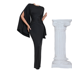 Elegante Vestido Largo de Satén Negro para Mujer, Cuello Redondo, Manga Trompeta, Ajustado, Estilo Celebridad, para Cóctel, Noche, Transpirable y Bonito - Product Image 1