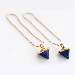 92.5 Sterling Silver With Gold Polished Natural Lapis Lazuli Cone Shape <b>Long</b> <b>Earring</b> Jewelry Women Cute Gift - Product Image 3