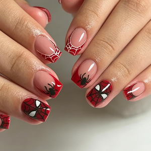 <span class=keywords><strong>Faux</strong></span> ongles réutilisables imprimés motif Spider-Man sur le côté, carrés de style français, motif toile d'araignée rouge, <span class=keywords><strong>pour</strong></span> Halloween - Product Image 1